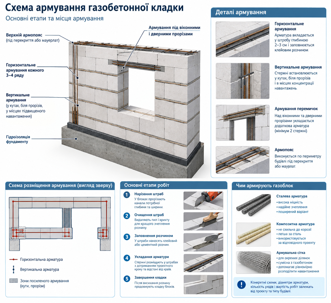 Схема армирования газобетонной кладки